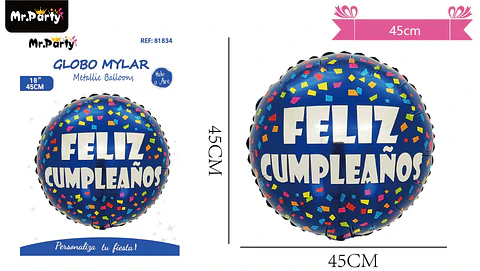 Globo metálico redondo feliz cumpleaños 45cm