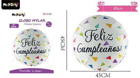Globo metálico redondo feliz cumpleaños 45cm