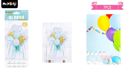 Set bouquete de globos de látex celeste y dorado 7pcs