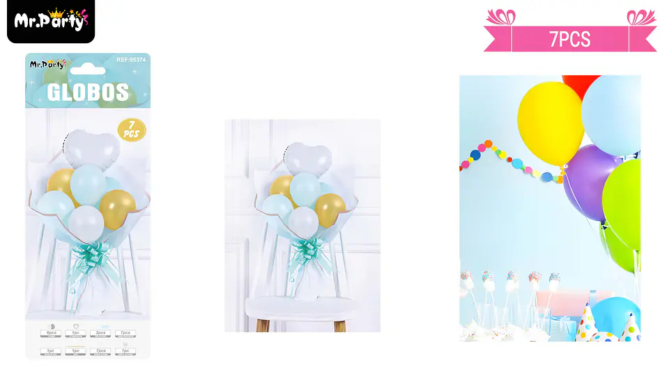 Set bouquete de globos de látex celeste y dorado 7pcs 1