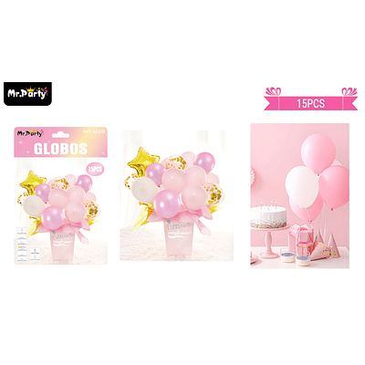 Set bouquete de globos de látex rosado con caja 15pcs