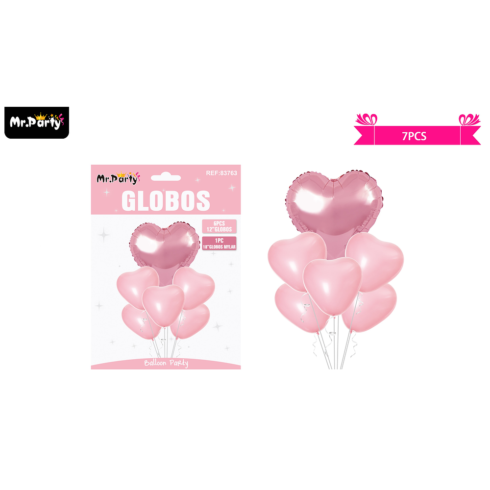 Set de globos de látex 7pcs corazón rosado