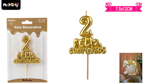 Vela de feliz cumpleaños y número 2 dorado