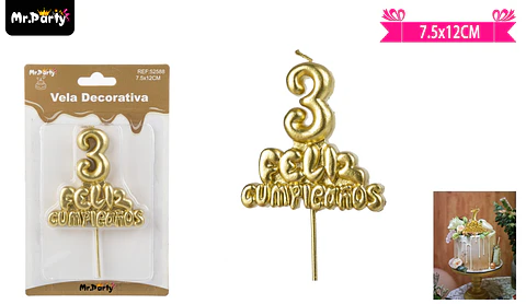 Vela de feliz cumpleaños y número 3 dorado