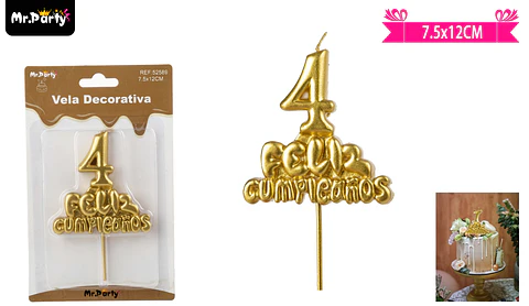 Vela de feliz cumpleaños y número 4 dorado