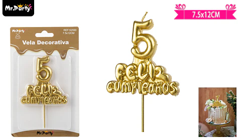 Vela de feliz cumpleaños y número 5 dorado