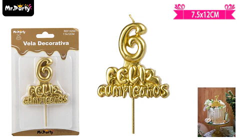 Vela de feliz cumpleaños y número 6 dorado