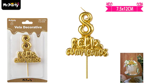 Vela de feliz cumpleaños y número 8 dorado