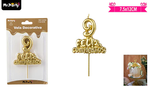 Vela de feliz cumpleaños y número 9 dorado