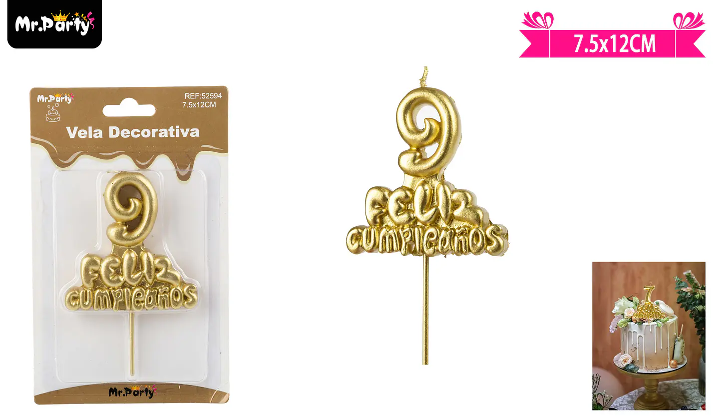Vela de feliz cumpleaños y número 9 dorado 1