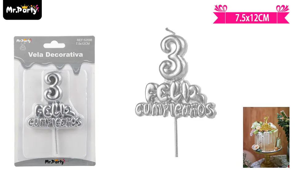 Vela de feliz cumpleaños y número 3 plateado 1