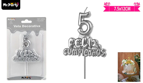 Vela de feliz cumpleaños y número 5 plateado