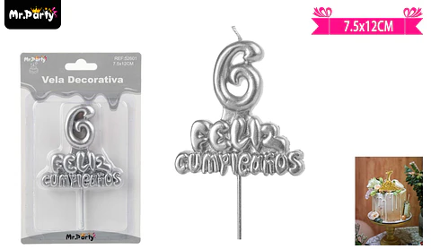 Vela de feliz cumpleaños y número 6 plateado