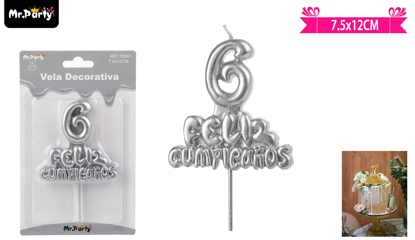 Vela de feliz cumpleaños y número 6 plateado 1
