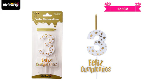 Vela de cumpleaños número 3 estrella dorado