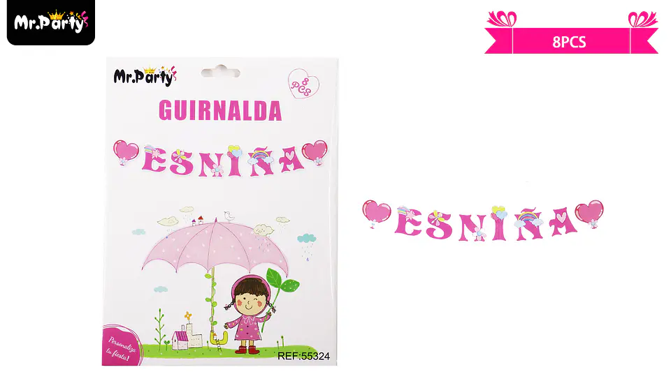 Guirnaldas 5m 8pcs baby shower rosado es niña  1