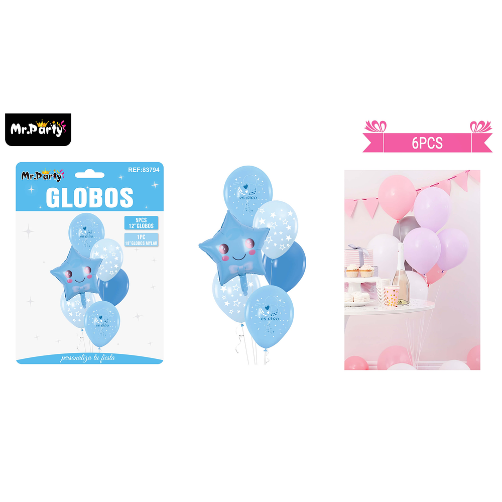 Set de globos de látex 6pcs baby shower celeste