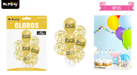 Set de globos de látex 8pcs feliz cumpleaños dorado