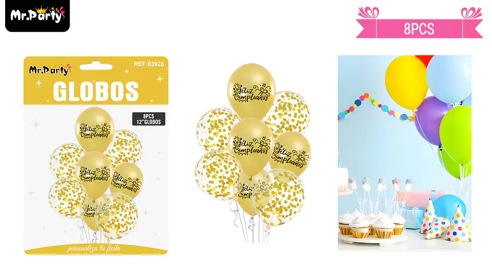 Set de globos de látex 8pcs feliz cumpleaños dorado 1
