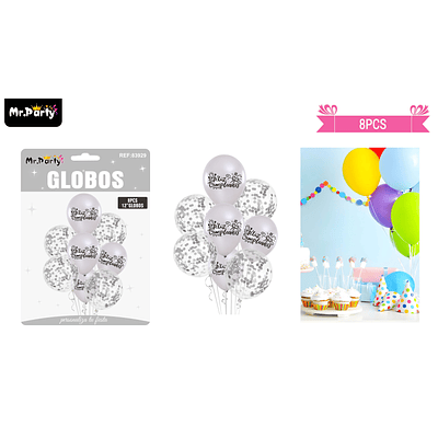 Set de globos de látex 8pcs feliz cumpleaños plateado