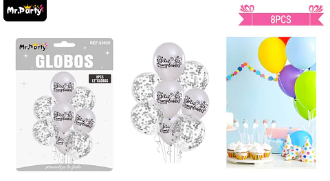 Set de globos de látex 8pcs feliz cumpleaños plateado