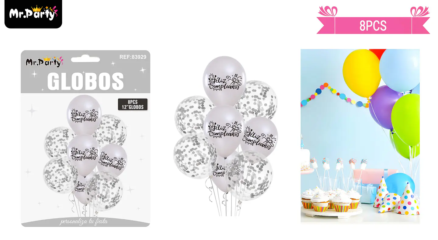 Set de globos de látex 8pcs feliz cumpleaños plateado 1