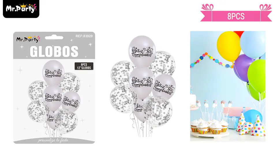 Set de globos de látex 8pcs feliz cumpleaños plateado 1