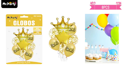 Set de globos de látex 8pcs feliz cumpleaños con estrella y corona dorado