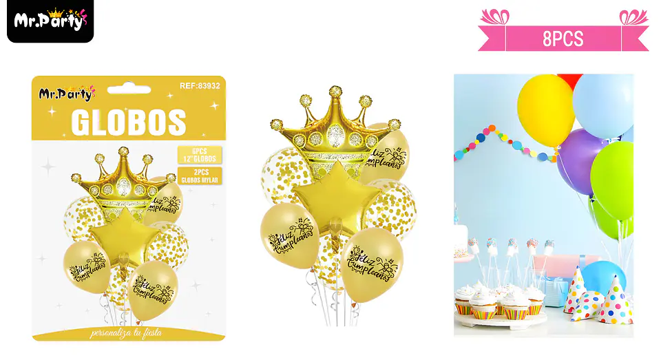 Set de globos de látex 8pcs feliz cumpleaños con estrella y corona dorado 1