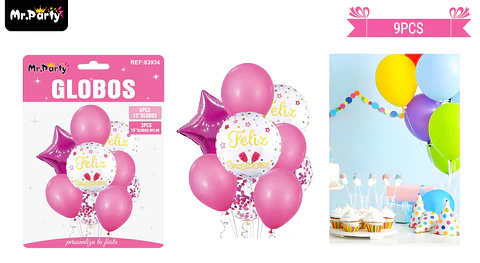 Set de globos de látex 9pcs feliz cumpleaños rosado