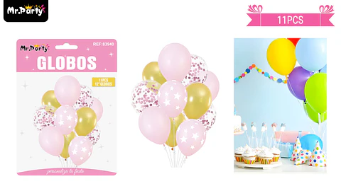 Set de globos de látex 11pcs feliz cumpleaños rosado y dorado