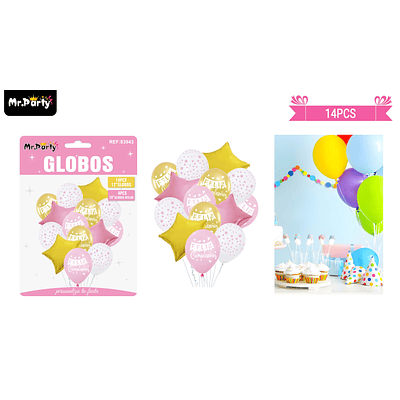 Set de globos de látex 14pcs feliz cumpleaños rosado y dorado