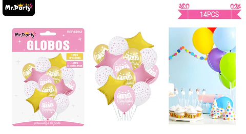 Set de globos de látex 14pcs feliz cumpleaños rosado y dorado