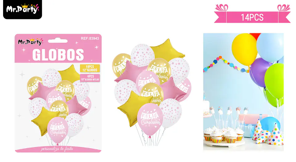 Set de globos de látex 14pcs feliz cumpleaños rosado y dorado 1
