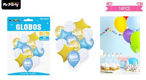 Set de globos de látex 14pcs feliz cumpleaños azul y dorado