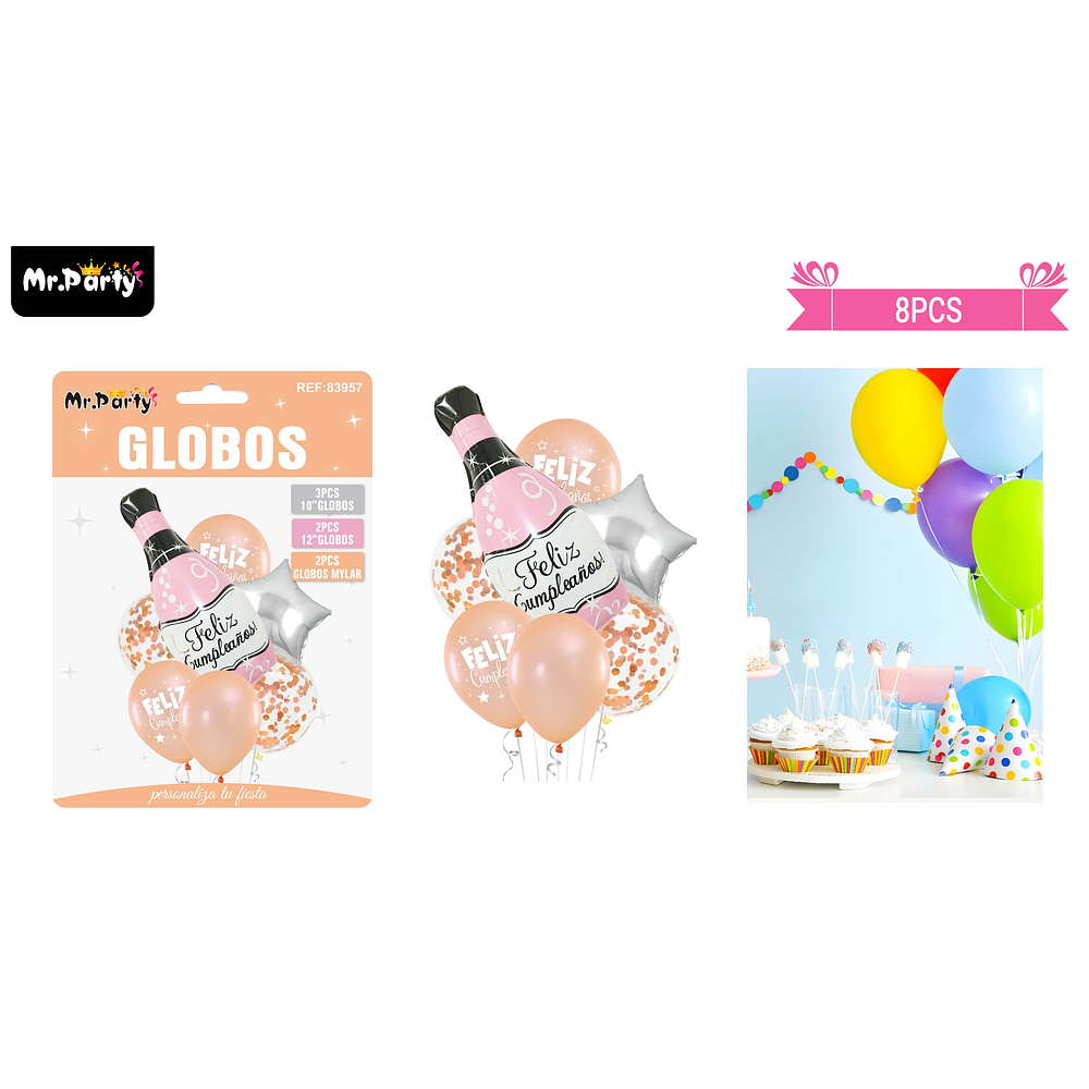 Set de globos de látex 7pcs feliz cumpleaños con champagne