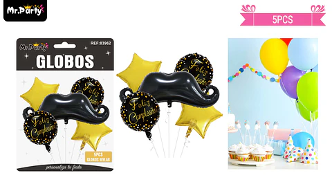 Set de globos de látex 5pcs feliz cumpleaños negro y dorado