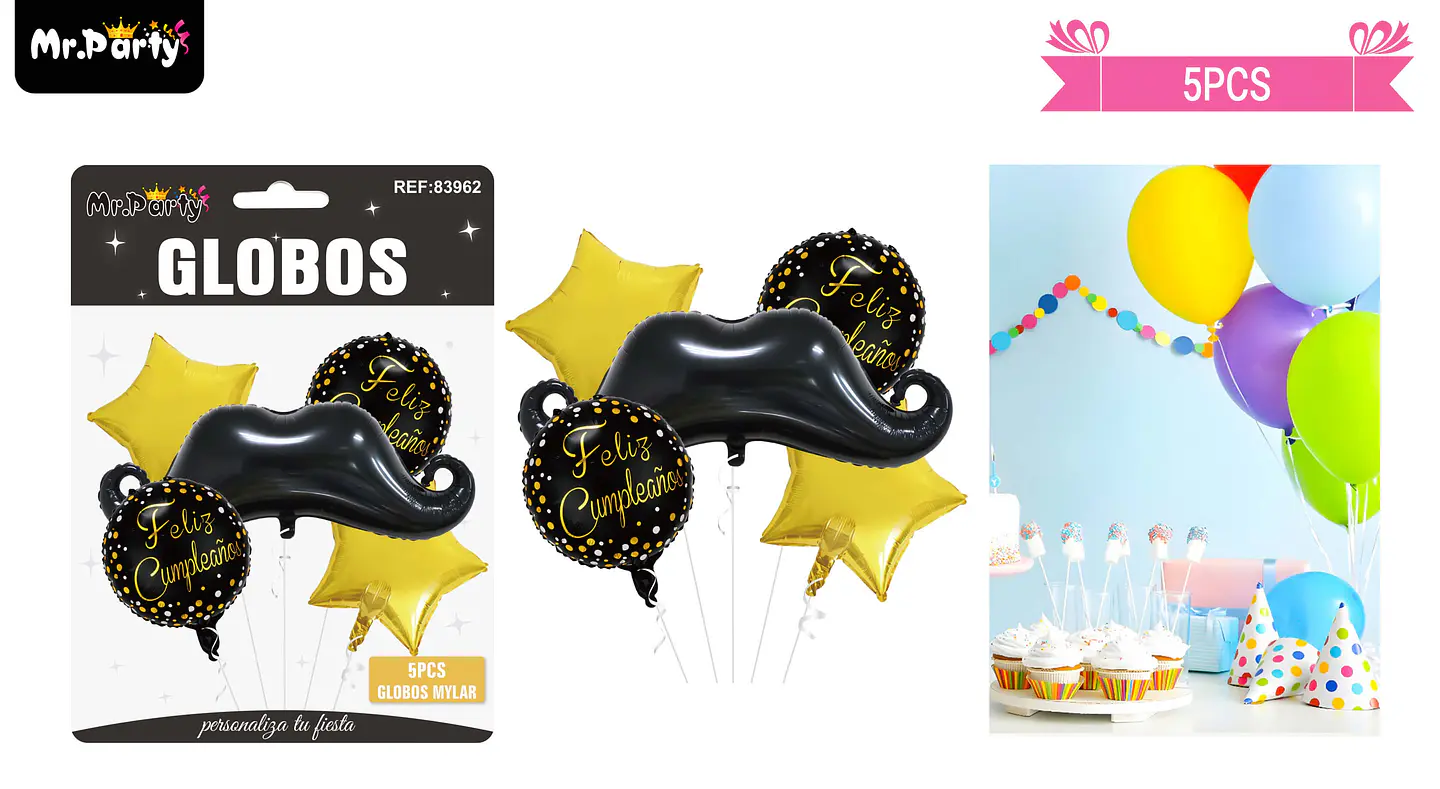Set de globos de látex 5pcs feliz cumpleaños negro y dorado 1
