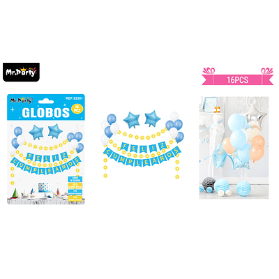 Set de globos látex y guirnalda celeste con luz 16pcs