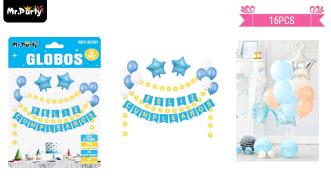 Set de globos látex y guirnalda celeste con luz 16pcs