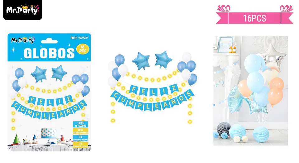 Set de globos látex y guirnalda celeste con luz 16pcs 1