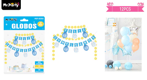 Set de globos látex y guirnalda celeste con luz 12pcs