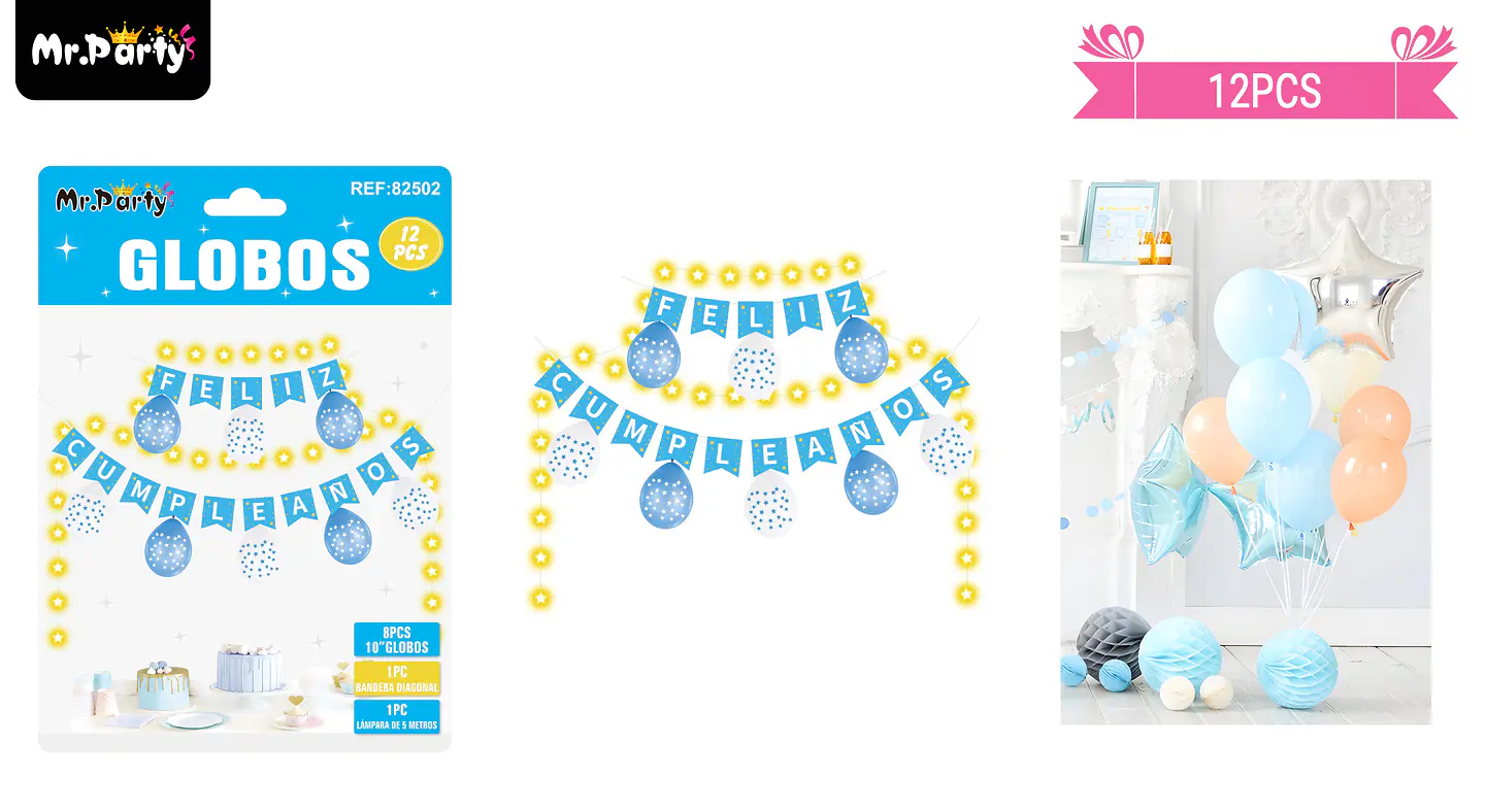 Set de globos látex y guirnalda celeste con luz 12pcs 1