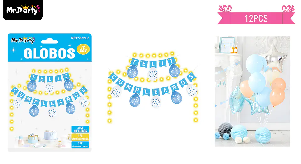 Set de globos látex y guirnalda celeste con luz 12pcs 1