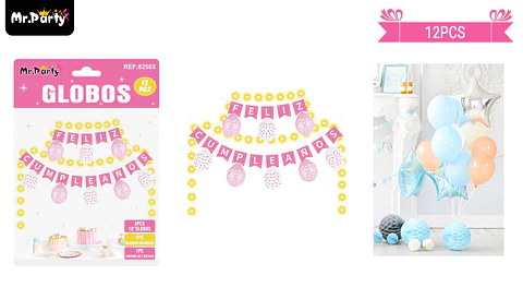 Set de globos látex y guirnalda rosada con luz 12pcs