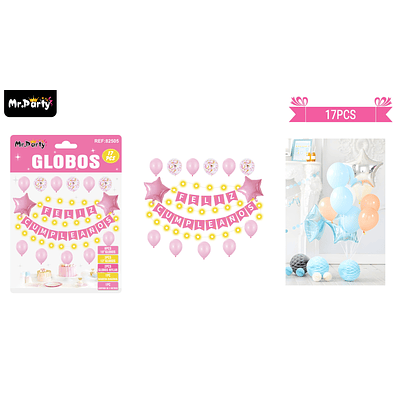 Set de globos látex y guirnalda rosada con luz 17pcs