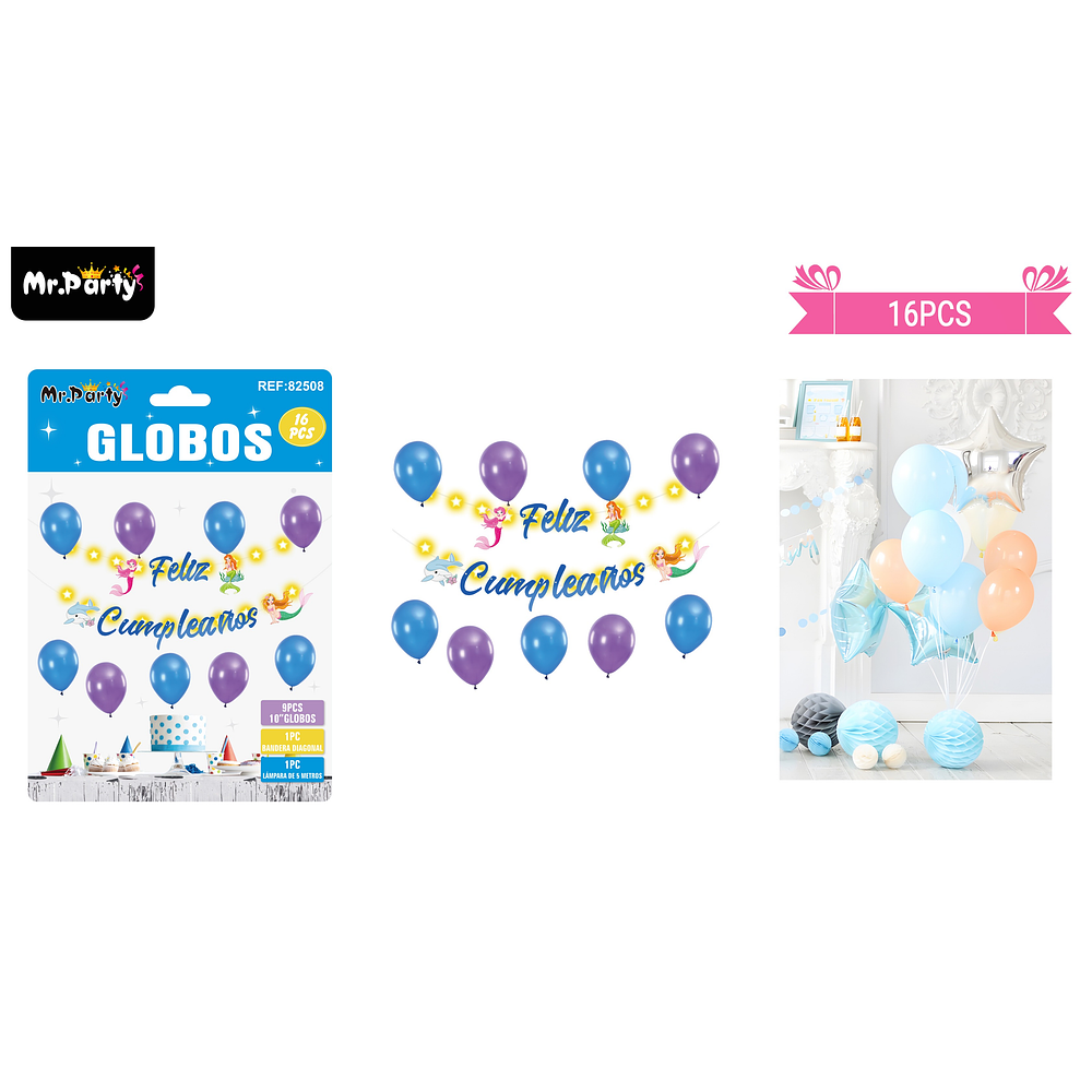 Set de globos látex y guirnalda de sirena con luz 16pcs