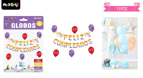 Set de globos látex y guirnalda de unicornio con luz 9pcs