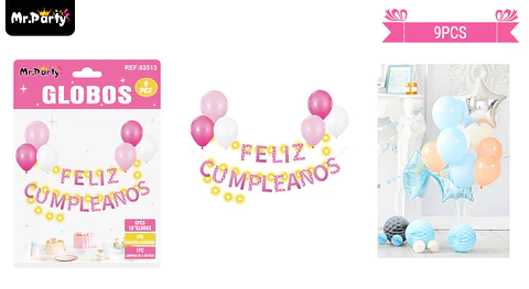 Set de globos látex y guirnalda rosada con luz 9pcs 