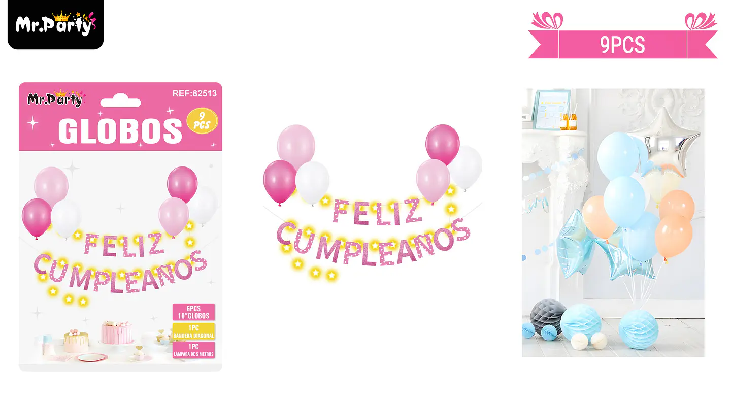Set de globos látex y guirnalda rosada con luz 9pcs  1